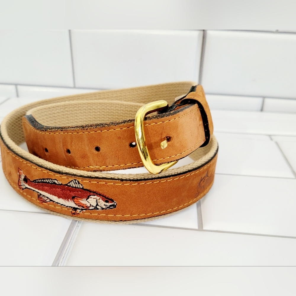 WORLDWIDE SPORTSMAN Redfish Embroidered Tan Leather Canvas Belt Fish Theme  1 ¾